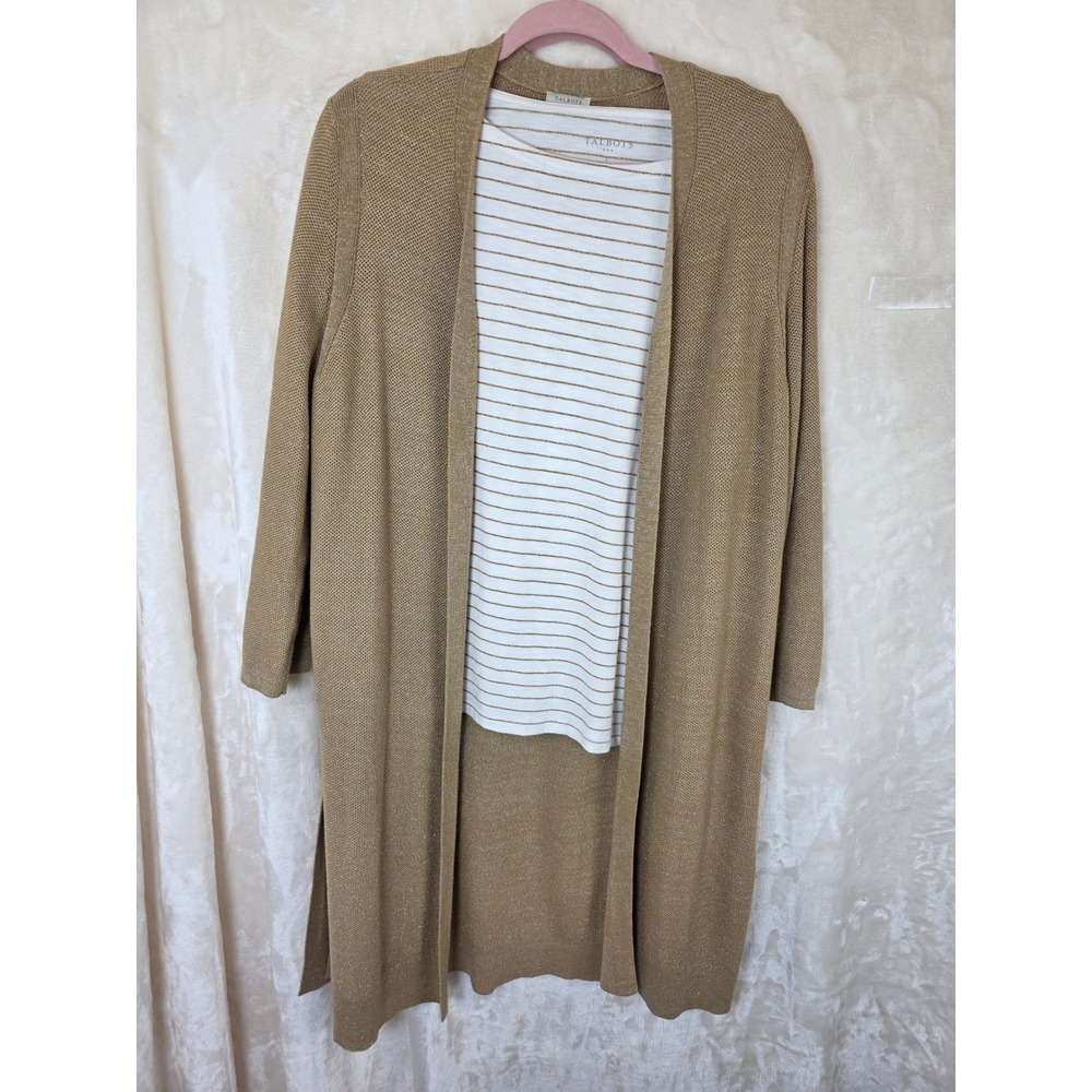 Talbots Gold Metallic Long Cardigan Duster and Striped Top Set Womens‎ Large